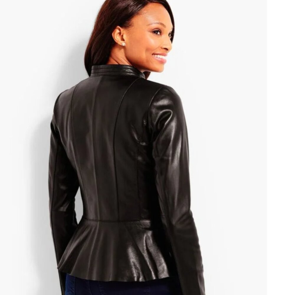 Talbots Black Leather Peplum Zip Jacket Lamb Skin Soft Buttery Leather Size 14P